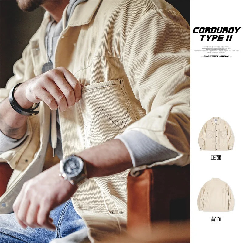 Maden Vintage Corduroy Jackets 100% Cotton Pocket Jacket Mens Flaxen Outerwear Solid Color Amekaji Workwear Autumn 240824