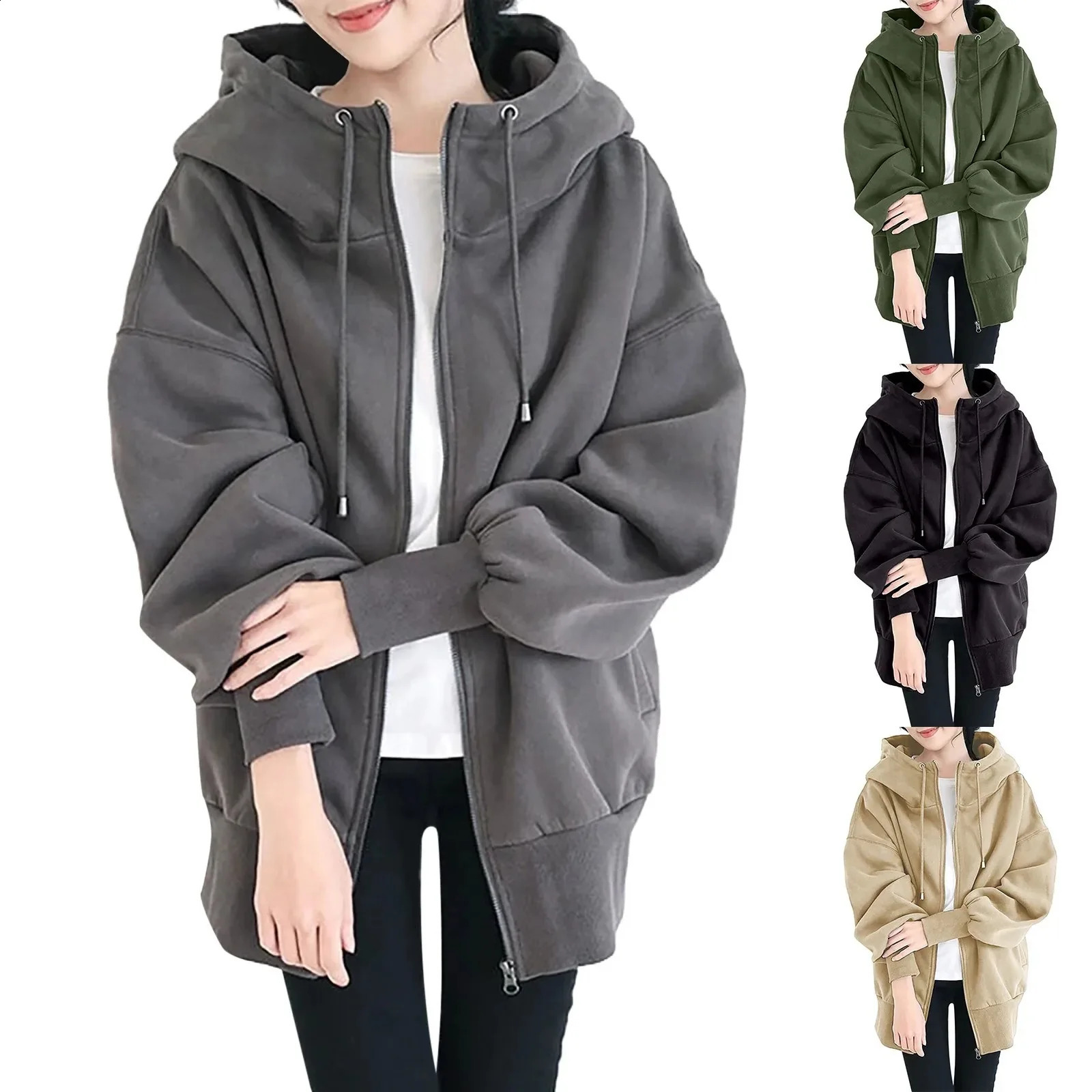 Oversized Loose Hoody Sweatshirts Casual Tie Collar Long Lantern Sleeve Solid Color Zip Up Hooded Coats Outwear JYFS-4451 240824