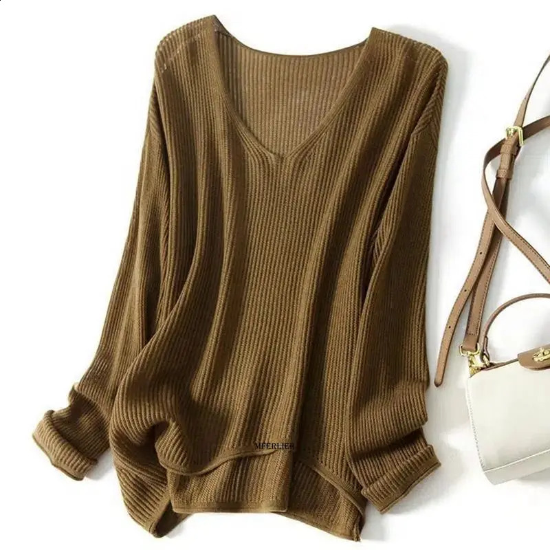 Plus Size 6XL 150KG Autumn Women Sweater Long Sleeve V Neck Casual Loose Hollow Solid Color Sweater Black Beige Loose Coat 240824