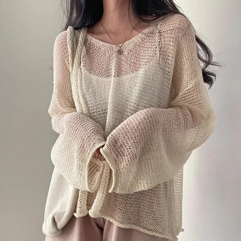 Hollow Out Chic Blouse Female Autumn Thin Knitwear Korean Loose Sweater Beige Women Fashion Jumpers Pullovers Casual Sweaters 240824