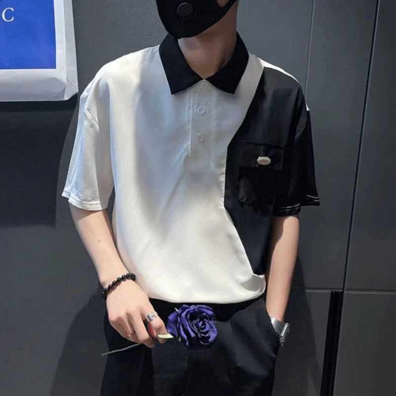 Summer Thin Fashion Short Sleeve Lapel Mens Trend Korean Version Casual All-match Contrasting Colors Spliced Pocket POLO Shirt 240824