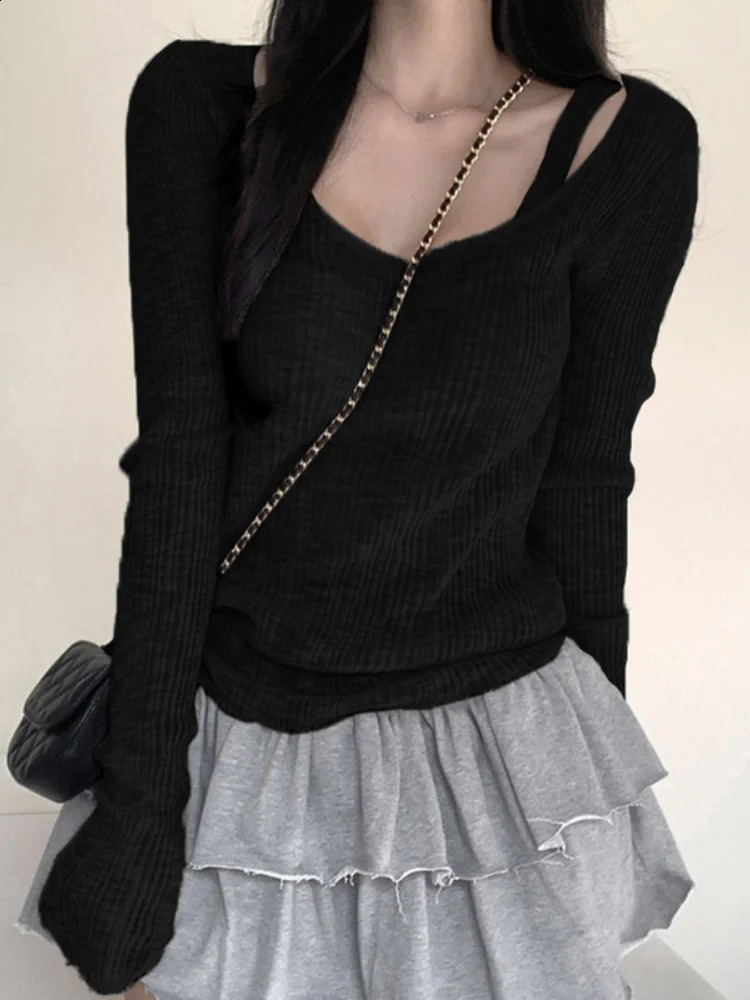 HOUZHOU Y2k Vintage Solid Knitted Pullovers Women Korean Style Elegant Office Siren Long Sleeve Base Slim Sweater Antumn 240824