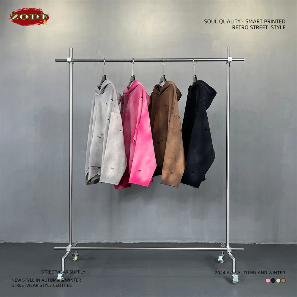 ZODF Autumn Winter Men Monkey Washed Hoodies Unisex Disstressed Ripped Heavyweight Knitted 450gsm Hooded Pullovers HY0909 240810