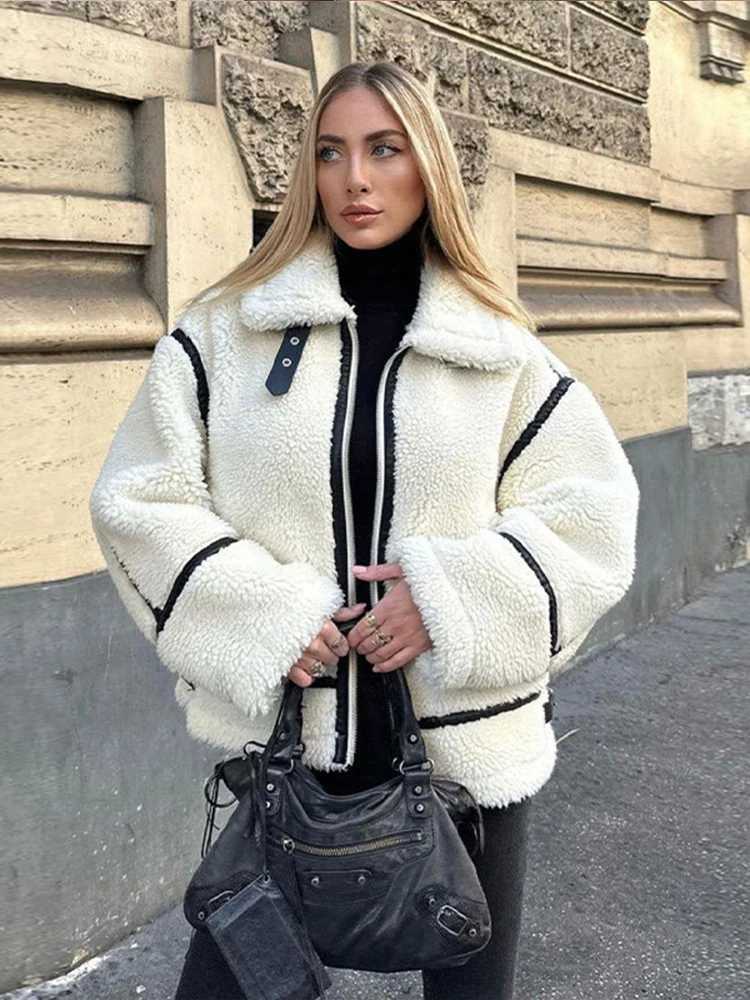 Women's Jackets Fall/Winter Womens Plush Zipper Jacket Solid Splicing Work Long Sleve Collar Motorcycle Jacket Fashion Womens Strt Warm Jacket Y2