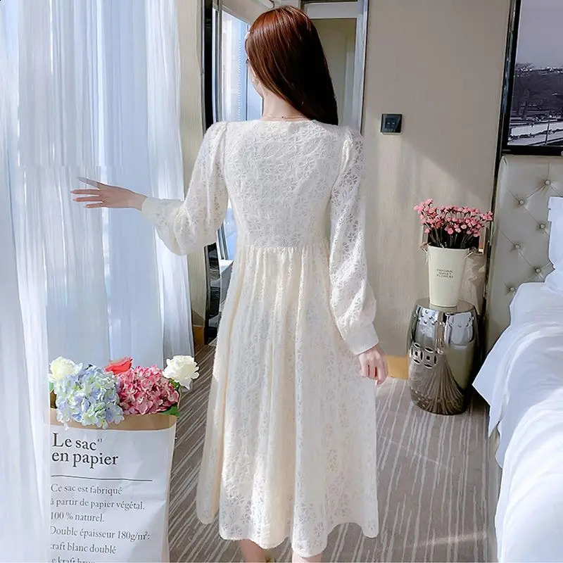 Autumn and Winter Female Elegant V-collar Mid-Length Tweed Dress Womens Lace-up Long Sleeve Waist-Slimming T686 240824