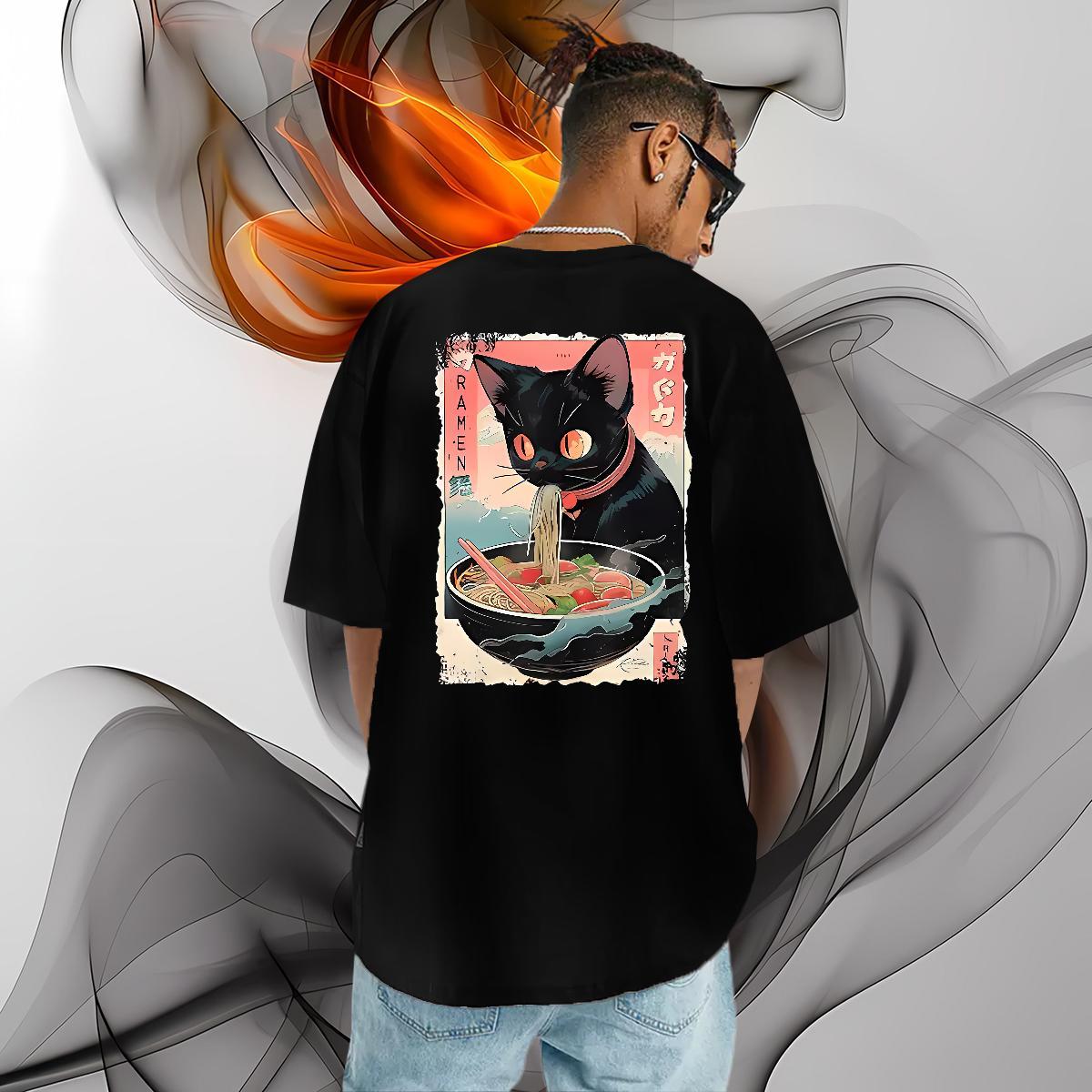 Fashion Tshirts The cat eats ramen noodles Home Outdoor 230g Pure Cotton Tee Shirt Crew Neck Cool T Shirt For Man White Plus Size
