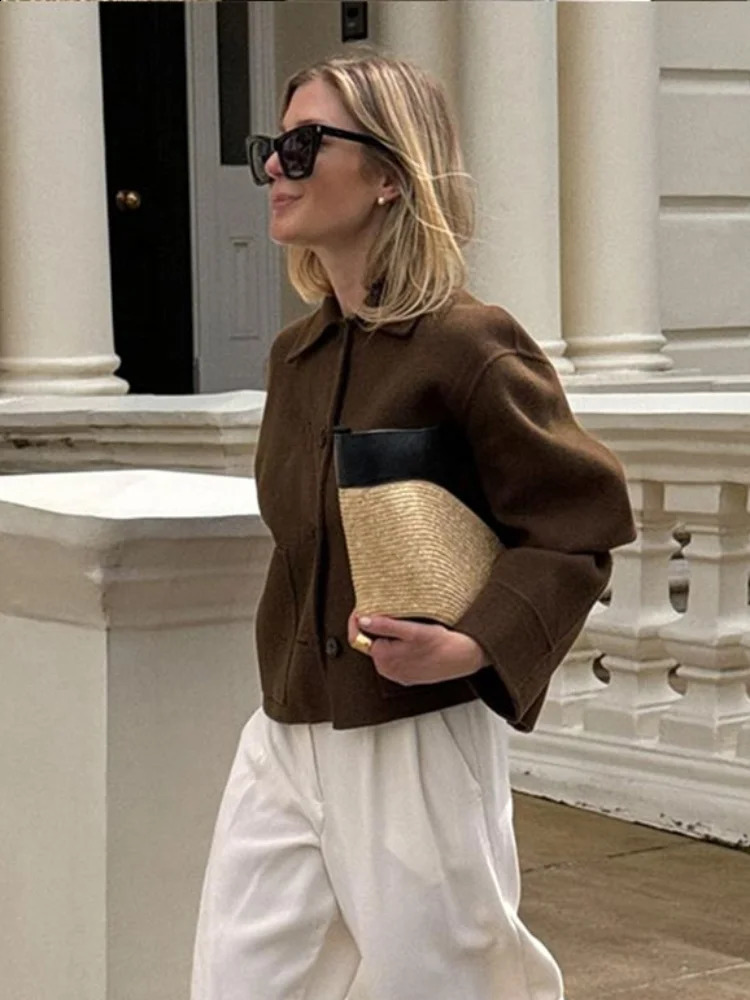 Women Fashion Solid Blends Jacket Chic Lapel Long Sleeves Singlebreasted Short Coat 2024 Autumn Lady Casual Streetwear 240824