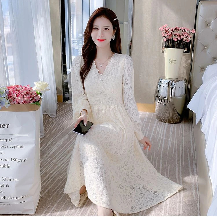 Autumn and Winter Female Elegant V-collar Mid-Length Tweed Dress Womens Lace-up Long Sleeve Waist-Slimming T686 240824