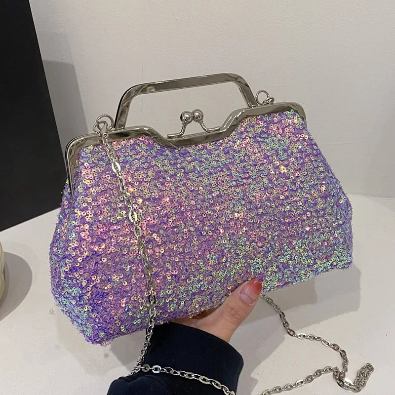 Small Tote Shell Clip Crossbody Bags Prom Clutch Women Sequin Bling Mental Handle Handbags Chain Shoulder 240824