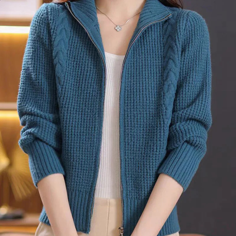 Women Clothing Vintage Stand Collar Knitwear Fashion Loose Double Zipper Long Sleeved Knitted Cardigan Sweater Autumn Winter Top 240824