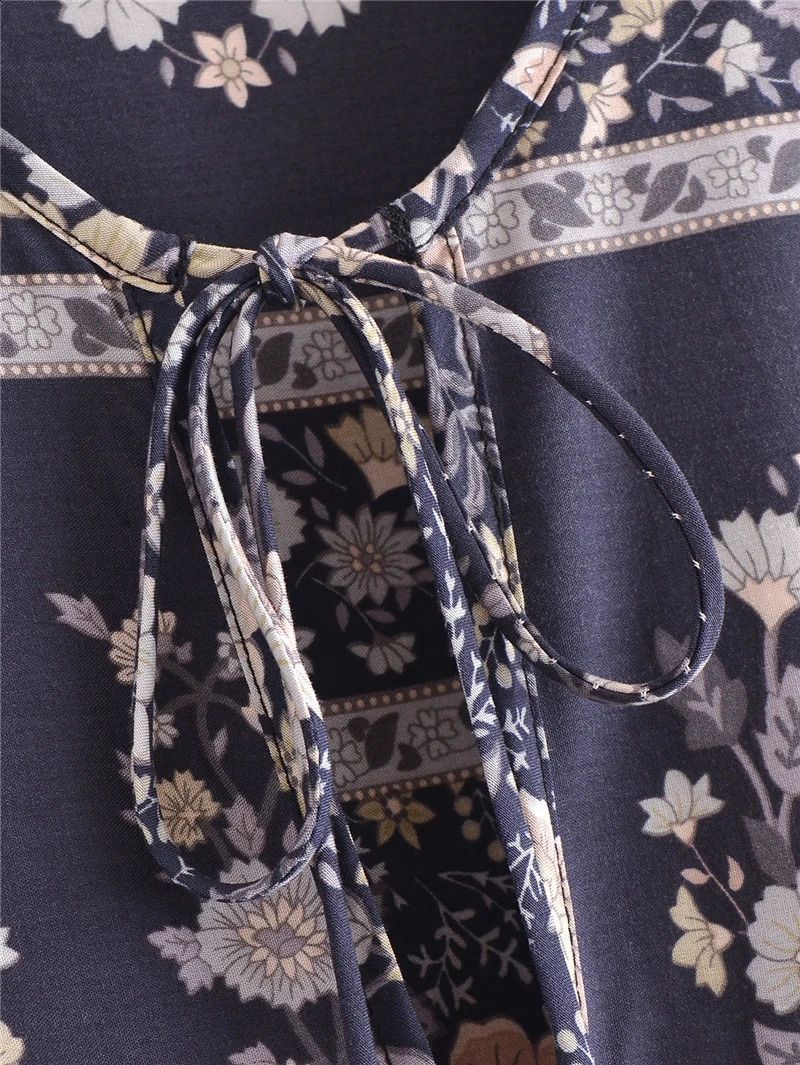 Grey Floral Print Vintage Women V-neck Lantern Sleeve Tassel Beach Bohemian Maxi Dresses Ladies Rayon Boho Dress Robe Vestidos 240824