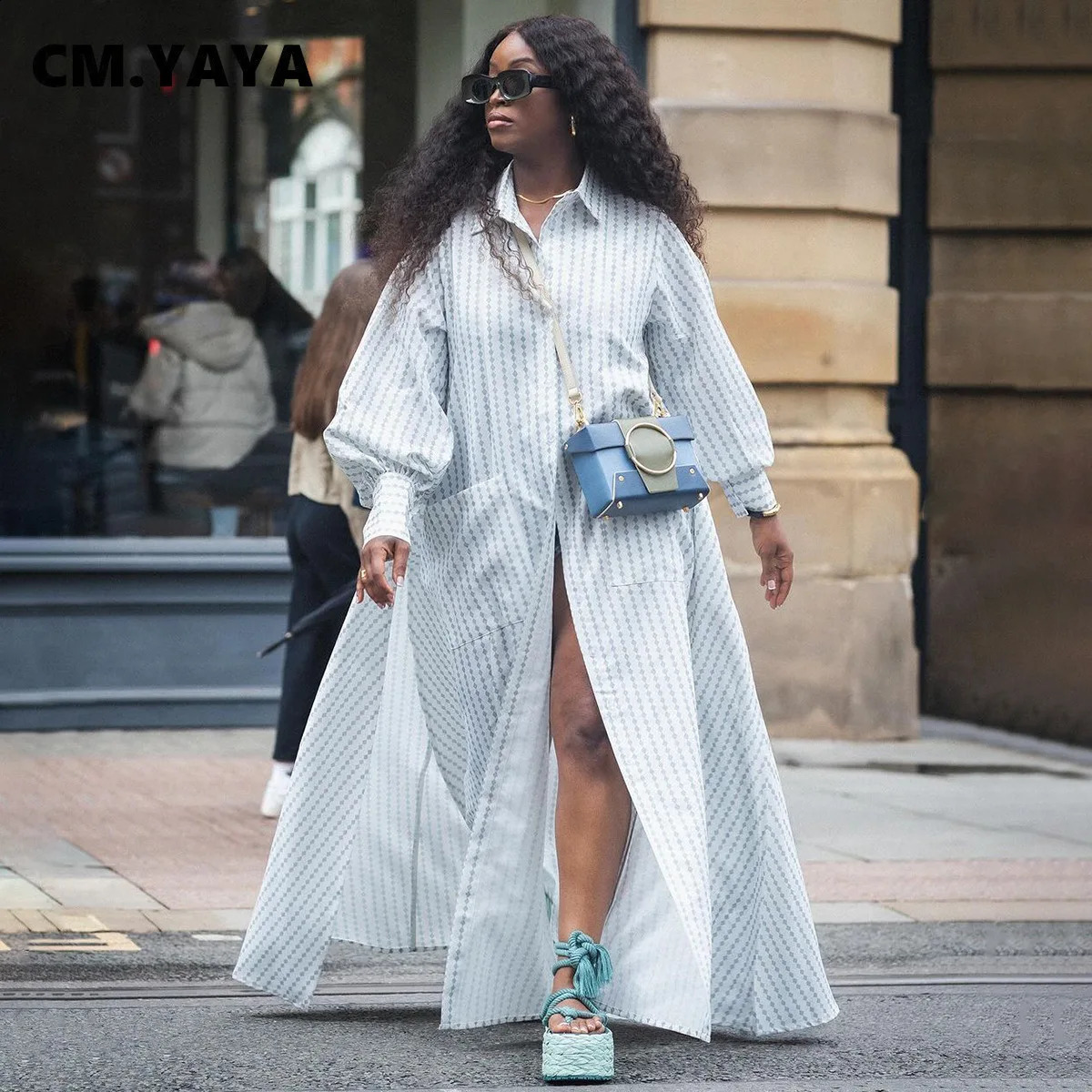 CM.YAYA retro plus size womens single chest long sleeved shirt dress autumn street fashion long skirt vest 240824