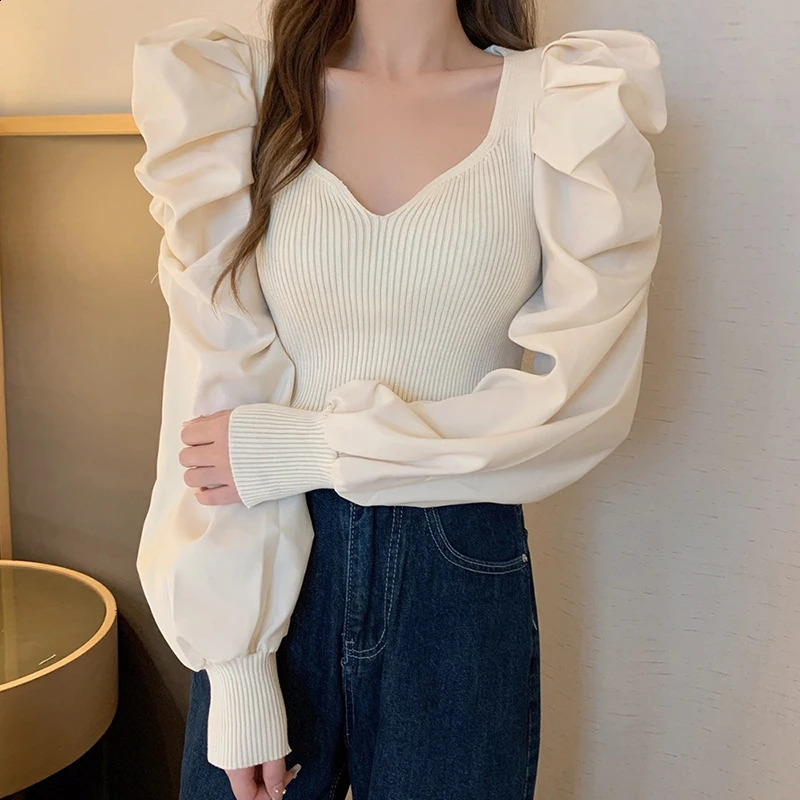 Puff Sleeve Knitted Shirt Slim Fit Outer Wear Long Sleeve Square Neck Autumn Elegant Womens Top V-neck All-match Pullovers 240824