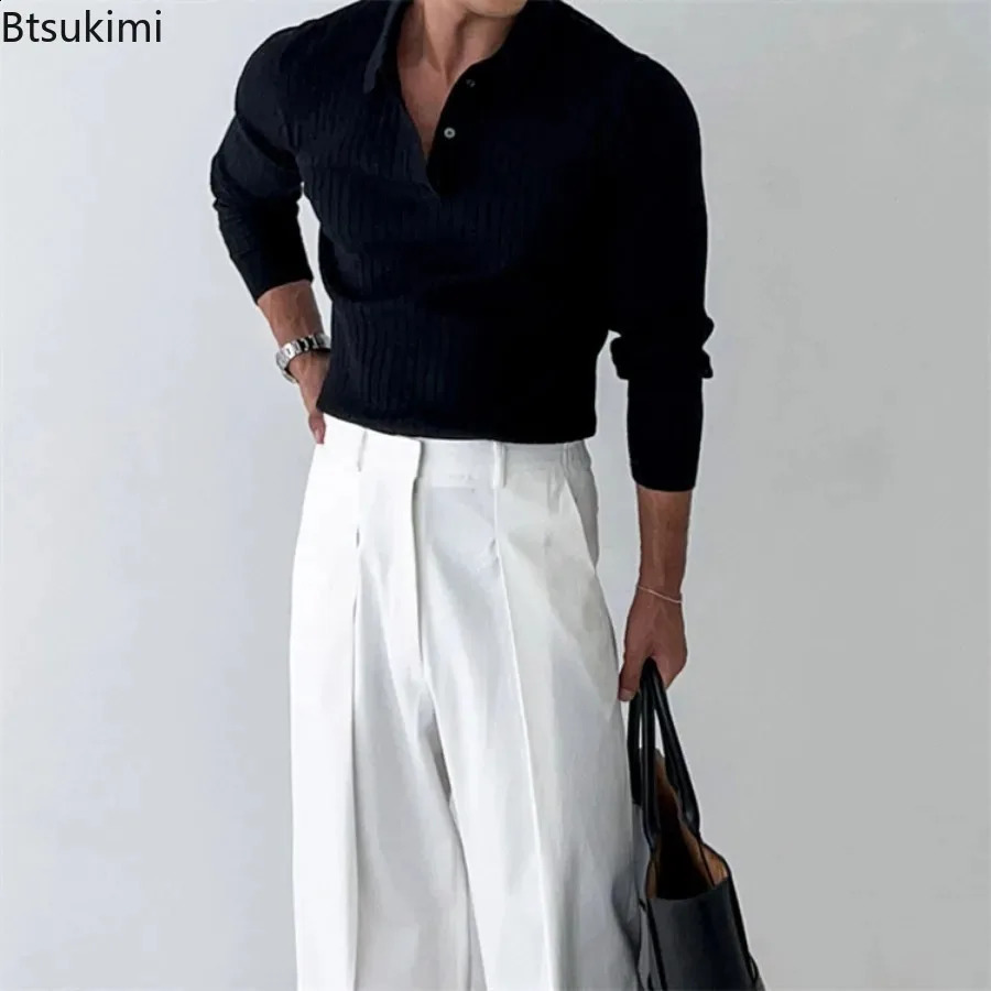 Mens Knitted Polo Shirts Fashion Striped Long-sleeved Lapel Pullover Tops Korean Style Solid Slim Versatile Knit Sweaters 240824