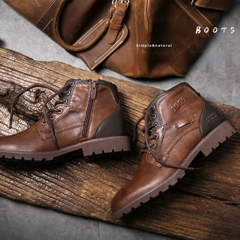 leather ankle plus size outdoor work motorcycle Clevintage cowboy boots fashionable mens casual shoes 240824