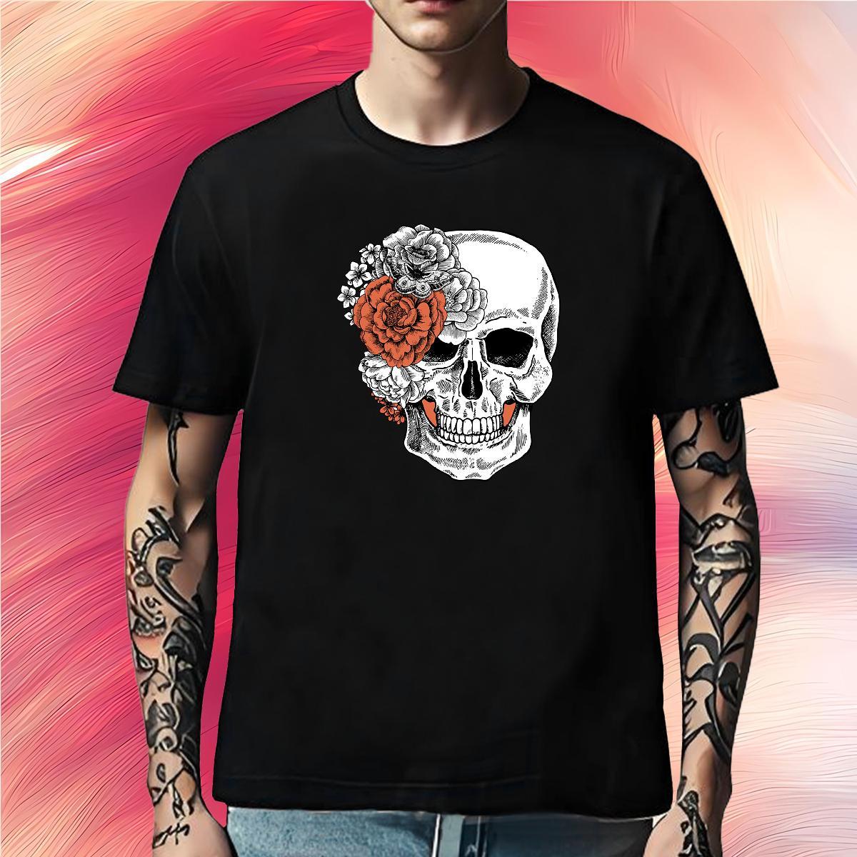TOP Quality Man T Shirts 230g Cotton flower Street Skull O-Neck Short Sleeve Men Tees DIY Customized Top Tees