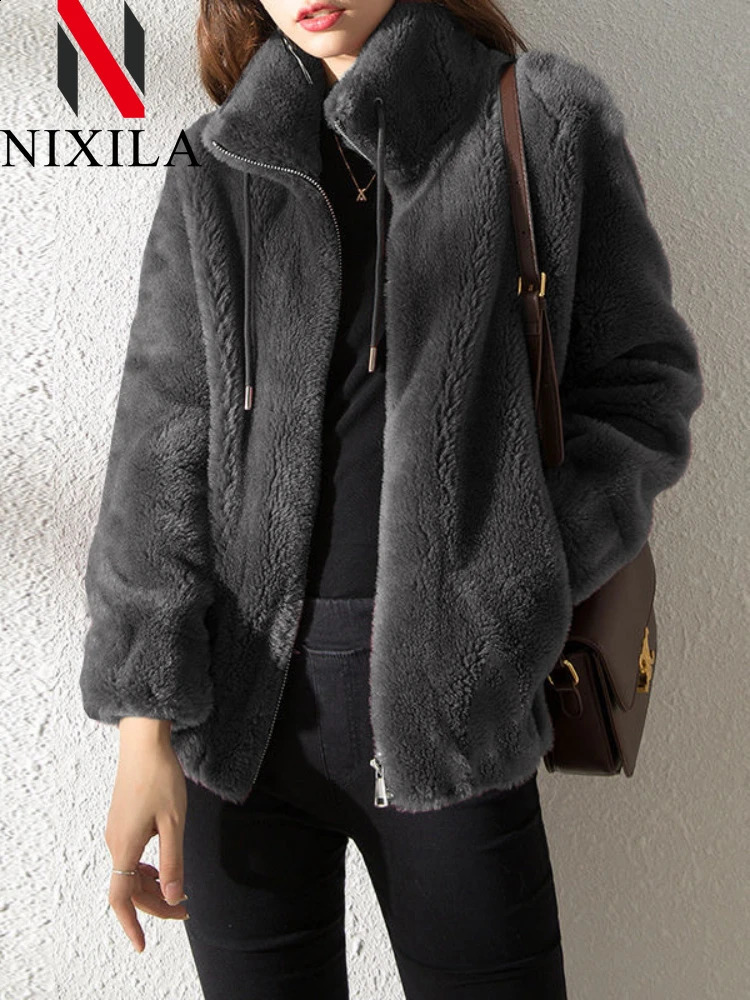 autumn and winter womens jacket plush thick doublesided cashmere collar warm Korean faux fur clothing 240824