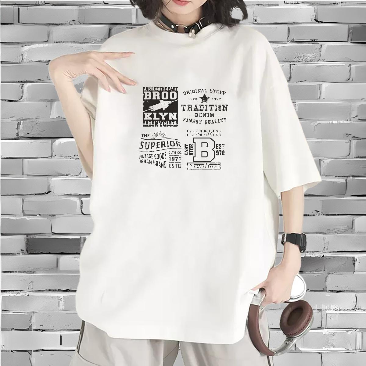 Wholesale Women Tshirts 230g Cotton letter Street Wear T shirt Crew Neck Breathable Anime Print Clothes