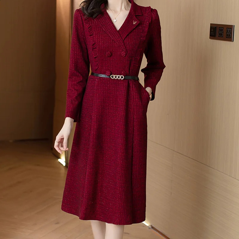 EVNISI Women Vintage Tweed Dress With Belt Button Long Sleeved Casual Office A-line Dresses Women Party Vestido Spring 240824
