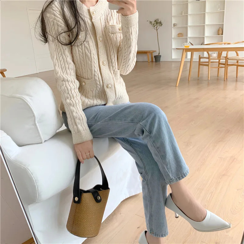 Deeptown White Vintage Women Knitted Cardigan Korean Fashion Long Sleeve Female Sweater Slim Autumn Elegant Knitwear Old Money 240824