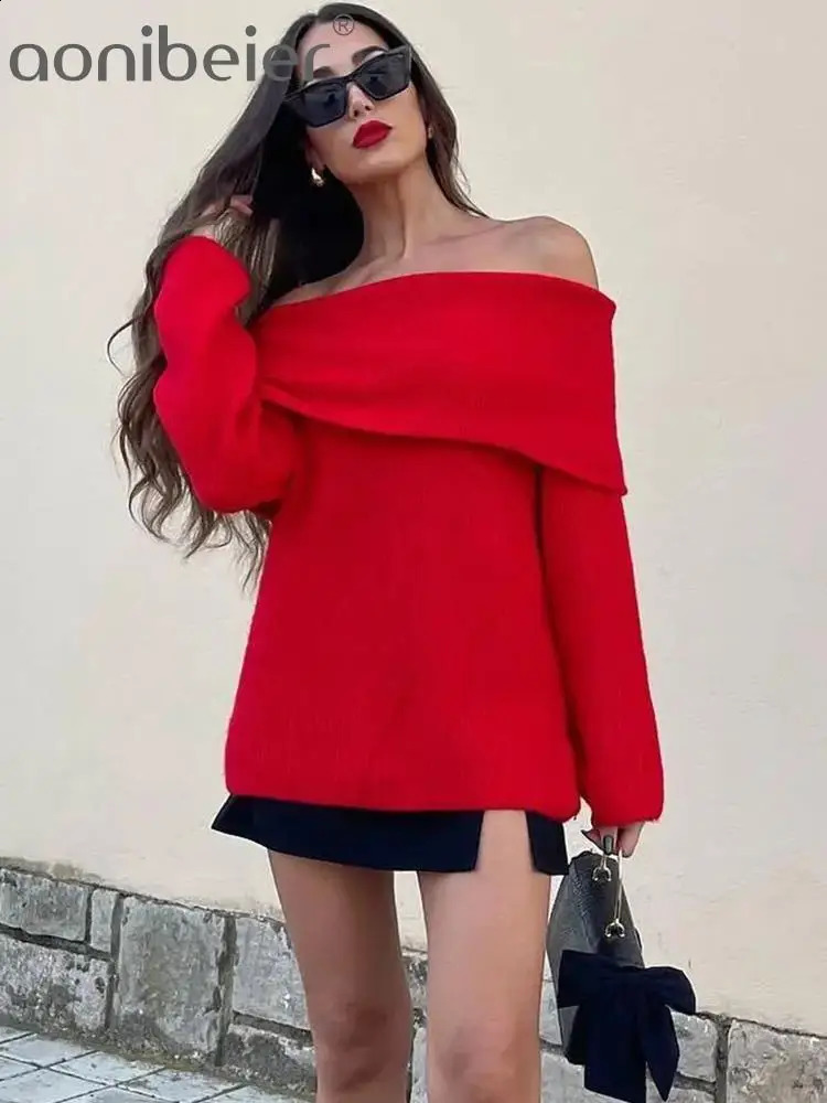 Aonibeier Off Shoulder Women Sweater Traf Autumn Long Sleeve Slash Neck Knitted Pullovers Female Top Y2K Jumpers Red Pull 240824