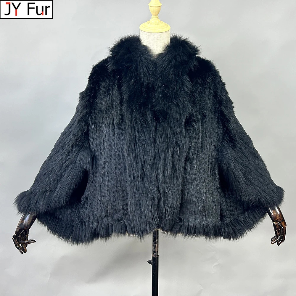 Genuine Natural Knitted Rabbit Fur Shawl Coat With Fox Collar Womens Fashion Knit Jacket Cape 251022