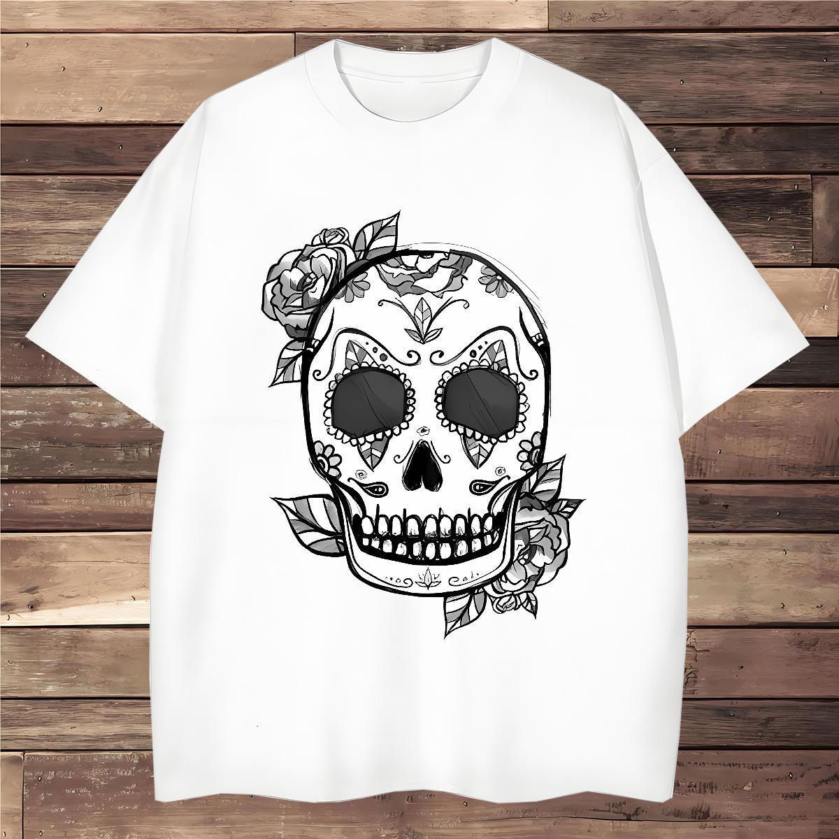 Classic T Shirts Men 230g 100% Cotton skull Casual Asian Size Round Neck Short Sleeve Men Tshirts Fashion New Clothings