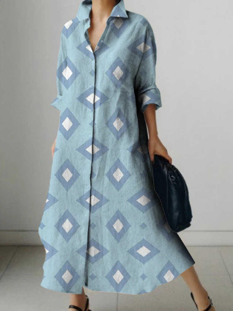 Womens Lapel Shirt Dress Long Sleeves Simple Geometric Print n Loose Dress Breathable Comfortable Spring And Summer 240824