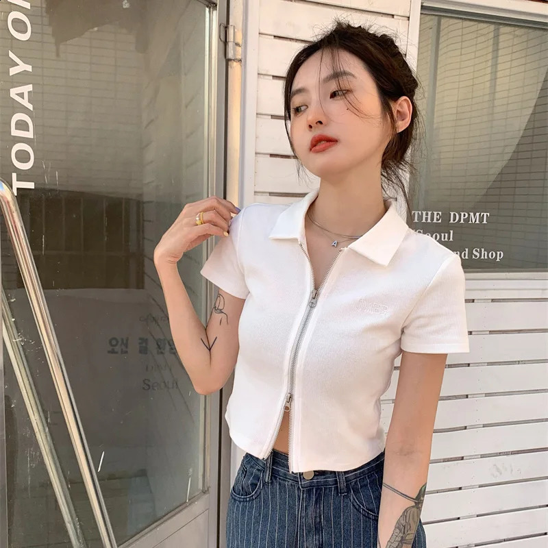 Women Knitted Zipper Short Sleeved T-shirts Lady Daily Comfortable Outside Crop Clothes Female Cutecore Collared Colorful Tops 240824