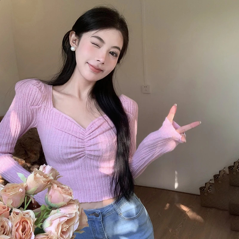 Puff Long Sleeve Womens Knitted Top Versatile Solid Colour Slim Fit Fashion Korean Version V-Neck Short T-shirt Sweater Autumn 240824