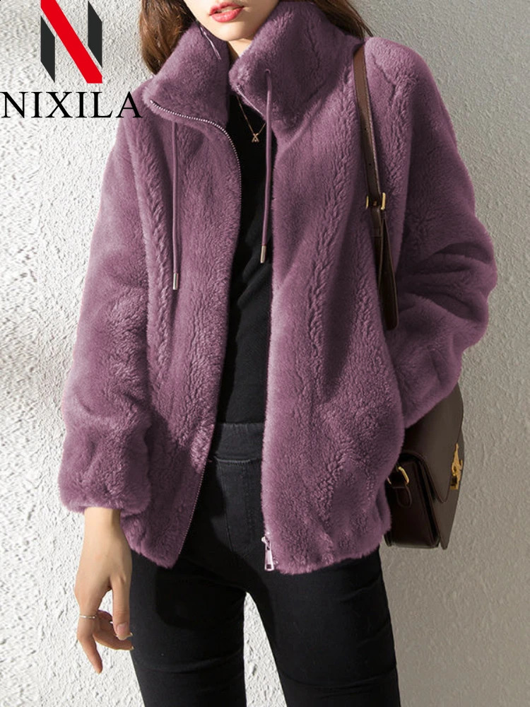 autumn and winter womens jacket plush thick doublesided cashmere collar warm Korean faux fur clothing 240824