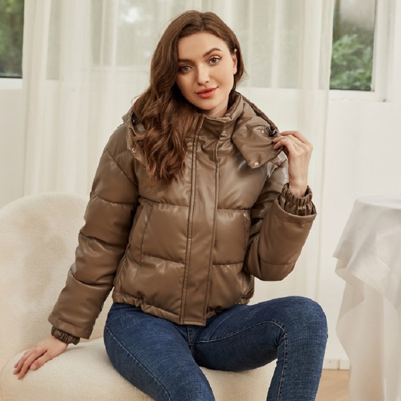 Autumn And Winter New Style Hooded Pu Jacket Womens Short Warm Bread Cotton Jacket Ins Womens Trend