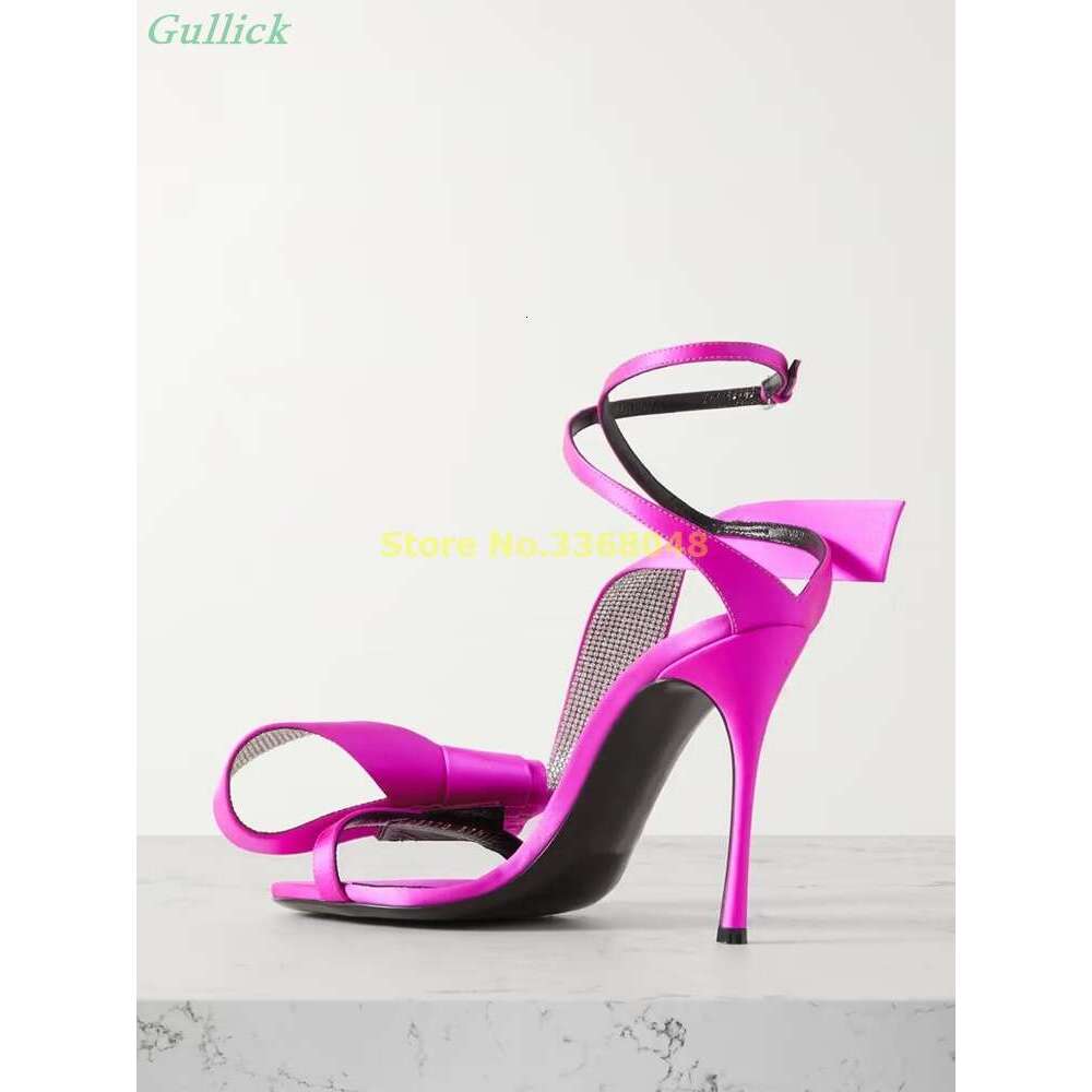 Crystal-Embellished Satin Yellow Rosy Red Thin Heel Ankle Cross Strap Crystal Women Summer Sandals High Heels