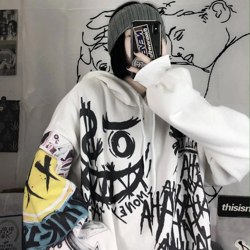 Gothic Cartoon Hip Hop Hoodies Women Japanese Funny Punk Oversize Hooded Sweatshirts Autumn Loose Long Sleeve Female Hoodie Tops 250106