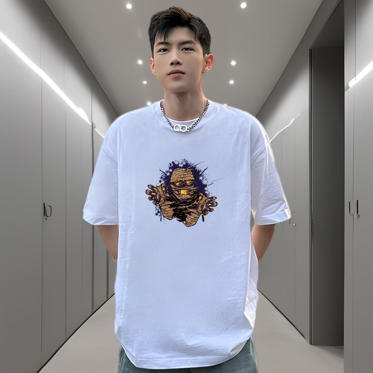Cool T Shirts Men 230g 100% Cotton skull Daily Wear Anime Print Crew Neck Men Tops Tees 2024 Tshirts