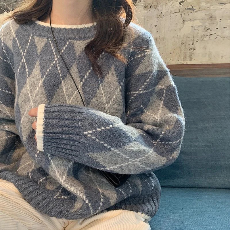Vintage Argyle Sweater Women Korean Plaid Knitted Pullovers Autumn Winter Ladies O Neck Jumpers Japanese Casual Knitwears Tops 240824