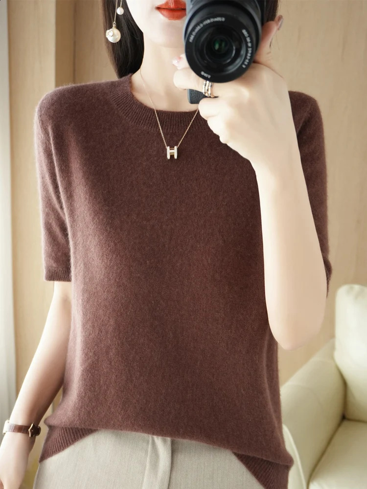 Chic Women Summer T-shirt O-neck Short Sleeve Pullover Sweater Merino Wool Knitwear Basic Soft Clothing Korean Style Tops 240824
