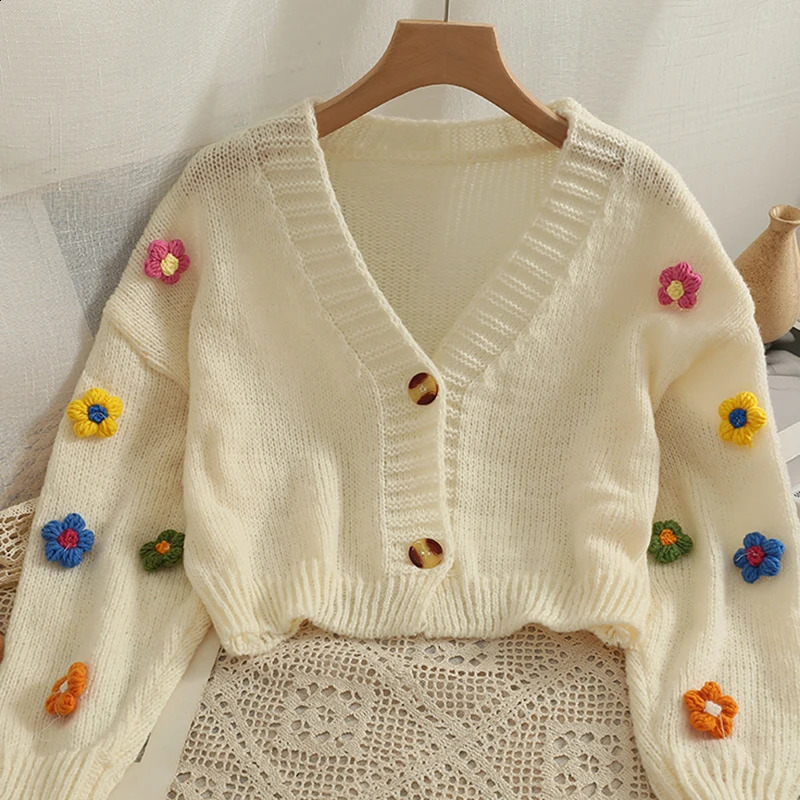 Sweet Applique Floral Women Cardigan Korean Kawaii Knitted Long Sleeve Female Sweat Sweater V Neck Ladies Casual tops 240824