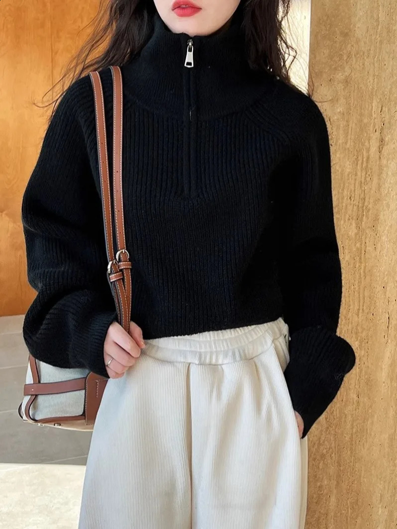 Solid Sweater Women Autumn Winter Korean Half Turtleneck Zipper Knitted Pullover Thick Vintage Fashion Tops Clothes 240824