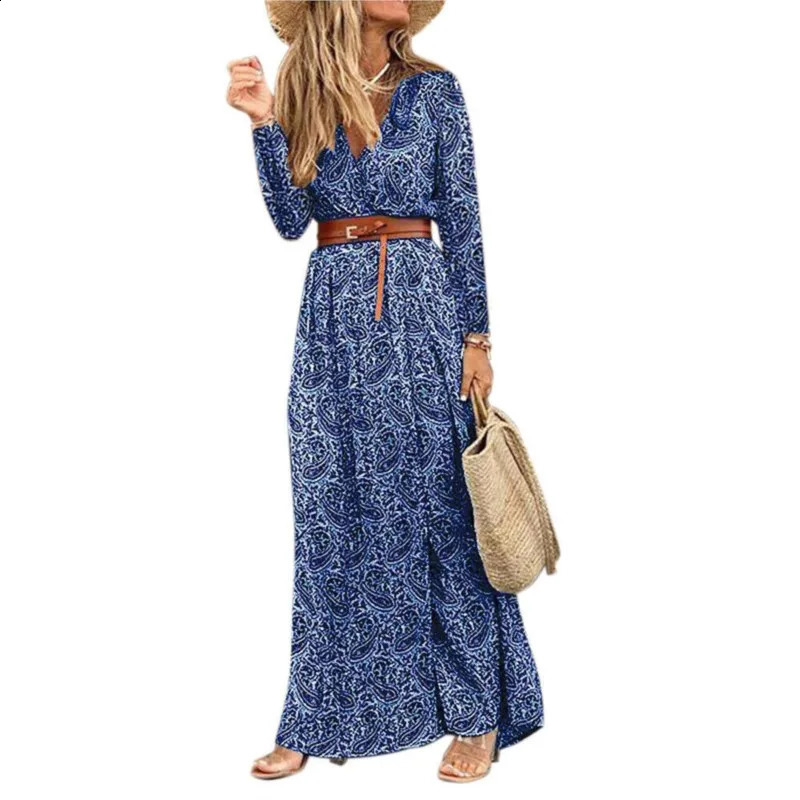 Autumn And Winter Long Sleeved V-neck Bohemian Floral Dress Womens Print With Belt OL Commuting Split Maxi Dress Femme 240824