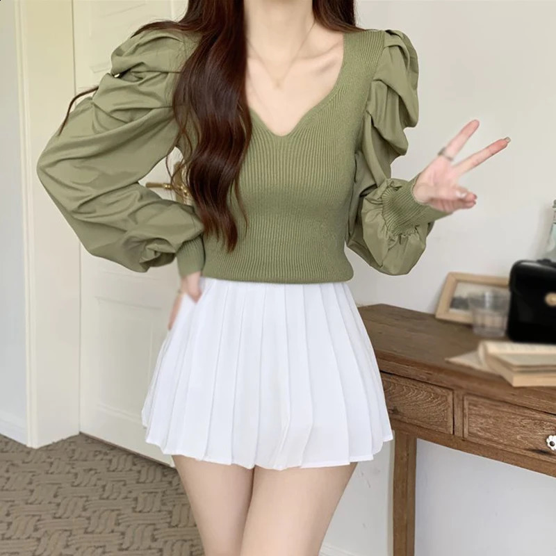 Puff Sleeve Knitted Shirt Slim Fit Outer Wear Long Sleeve Square Neck Autumn Elegant Womens Top V-neck All-match Pullovers 240824