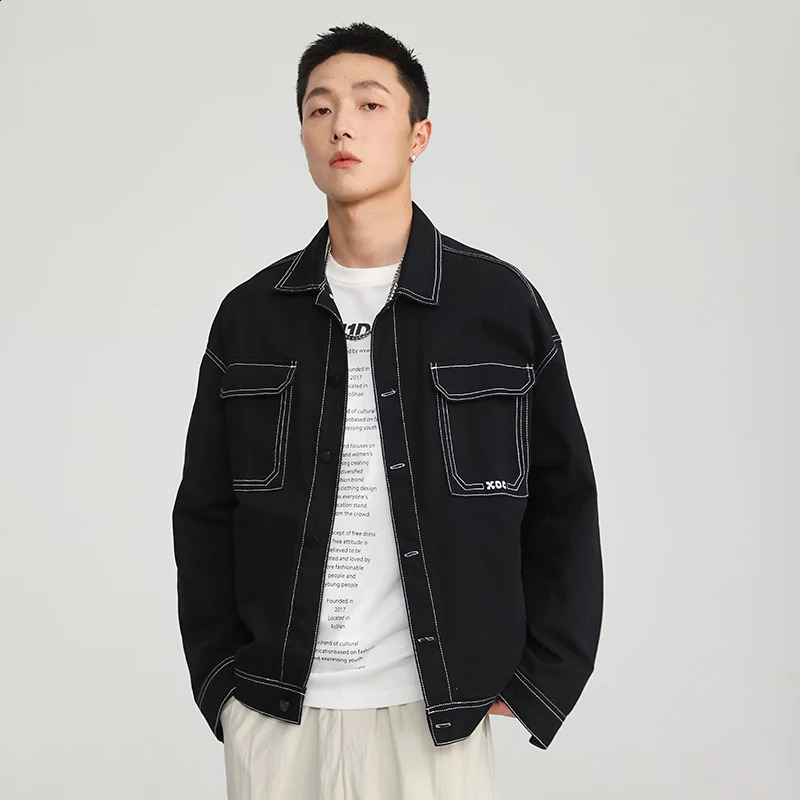 contrasting color drop shoulder denim jacket mens black and white fashionable large pocket couple Harajuku Plus size M5XL 240824