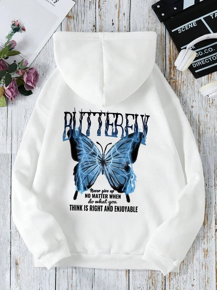 Hoodie Beautiful Butterfly Printed Hoodie Sweatshirt Casual Sweet Beauty Fashion Creative back printing Top 240824