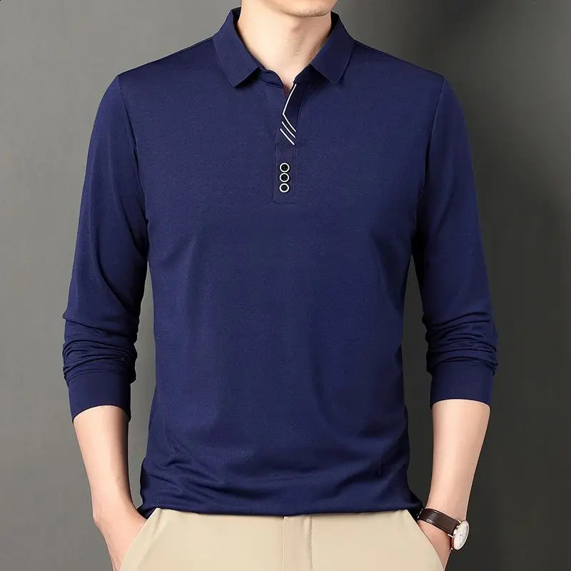 Spring Solid Color Turn-down Collar Long Sleeve Polo Shirts Man Loose Casual Formal Pullovers All-match Cotton Mens Clothing 240824