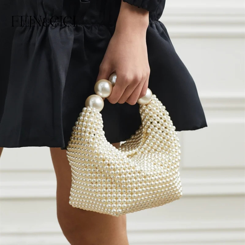 Pearl beaded bag Acrylic crystal stone box handbag women handmade summer party small bucket purse 240824Z