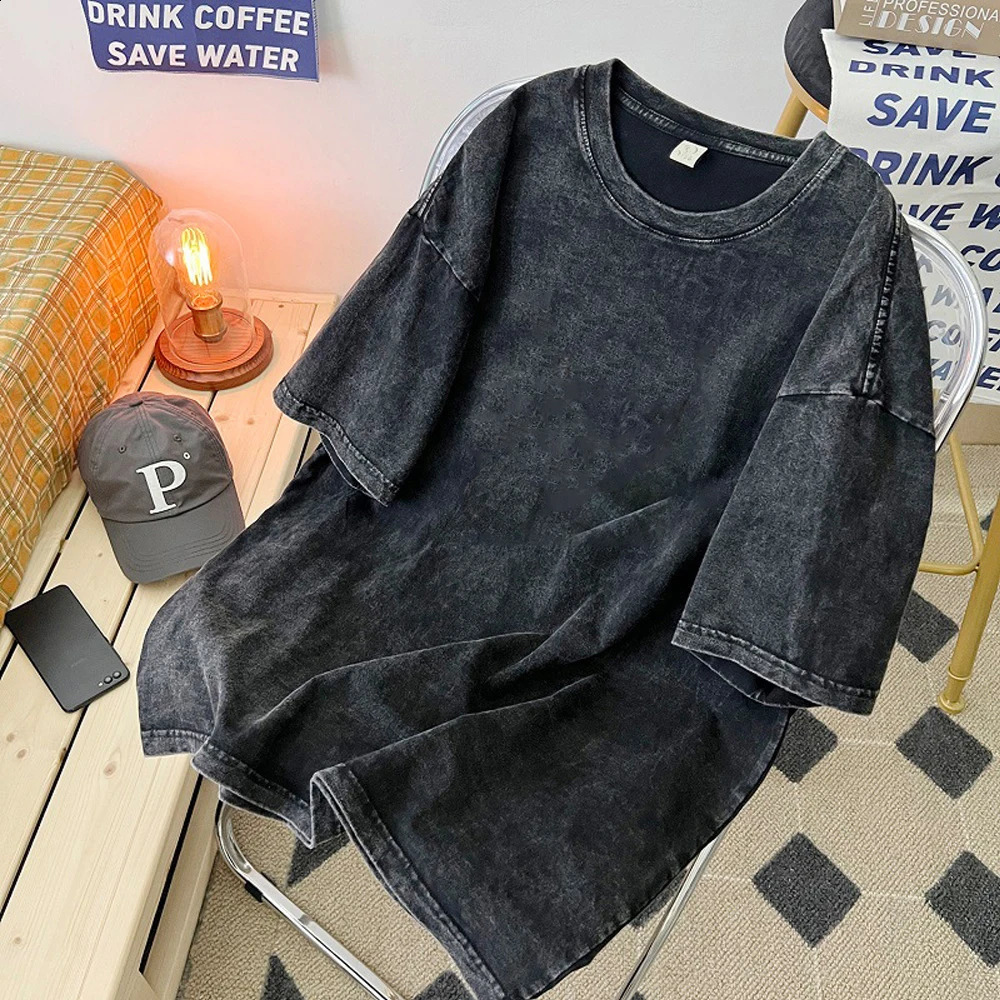 Couple Summer Washed T Shirt Retro Hip Hop Streetwear Men Women Casual T-shirt Short Sleeve Vintage Black Acid Wash Y2k Clothes 240813