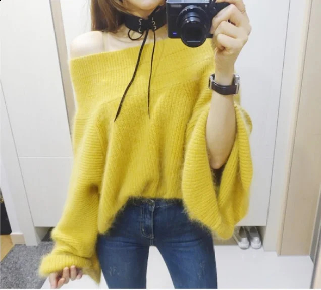 Sexy Off Shoulder Knitted Sweater Women Solid Loose Flare Sleeve Pullover Jumpers Female Mink Cashmere Sweater poncho 240824