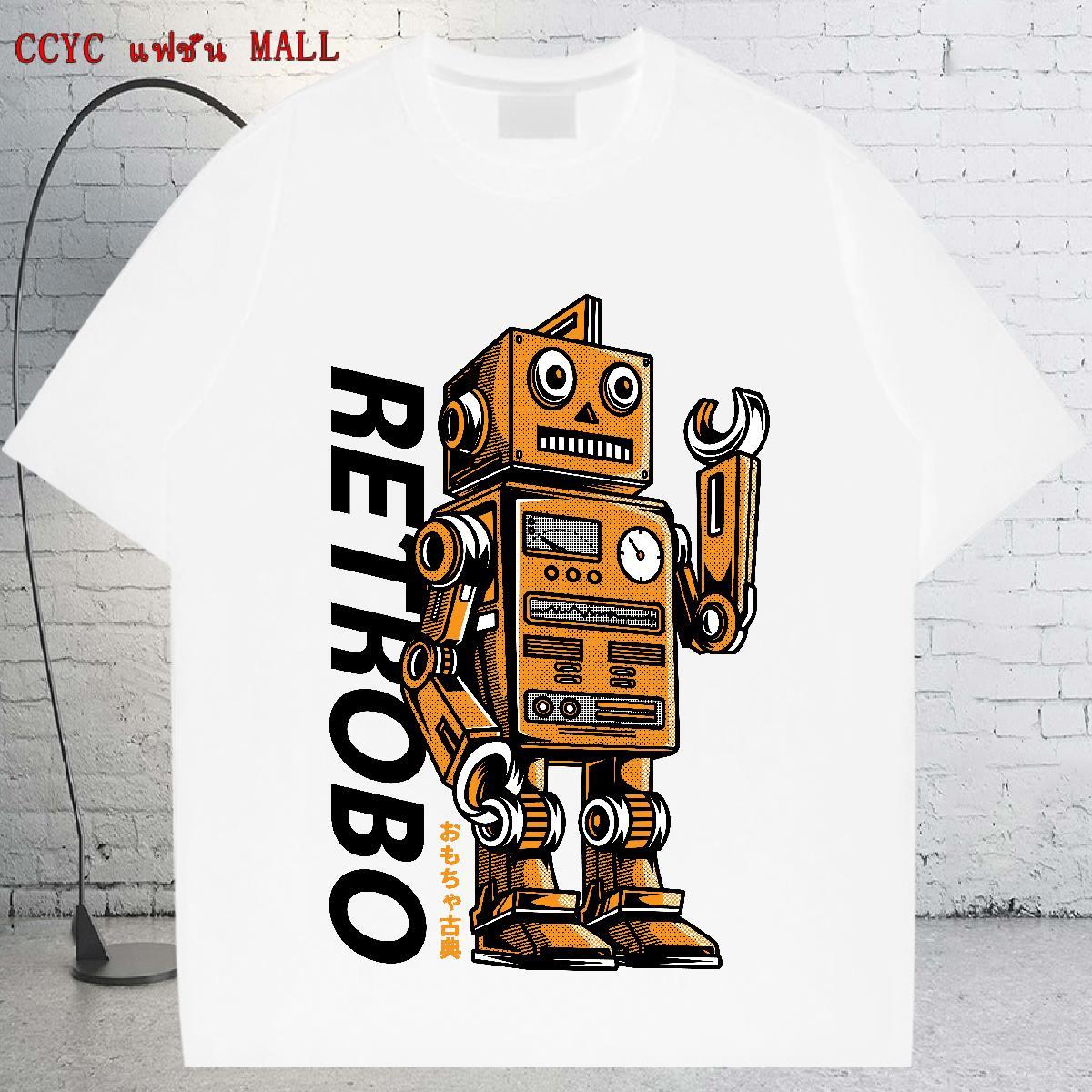 Cool T Shirts Men 100% Cotton 230g robot Spring Summer Cartoon Print Breathable Crew Neck Tshirt for Man Woman Custom Tops