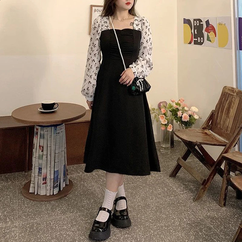 Women Clothing Autumn Fashion Print Patchwork Square Neck Elegant Dresses Female High Waist Long Sleeve Slim Midi Dress Vestidos 240824