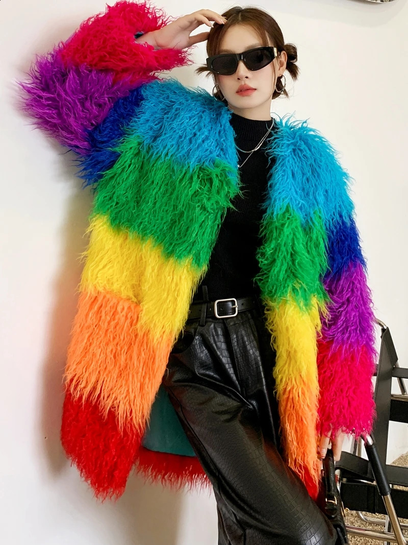 Original n Rainbow faux fur coat womens spliced contrasting color long jacket furry winter 240824